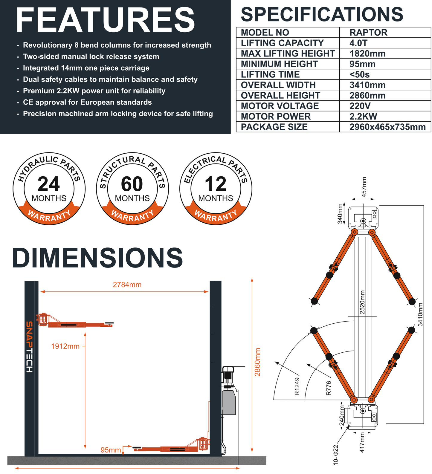 Snaptech Raptor 4.0T Two Post Lift ( With Base)