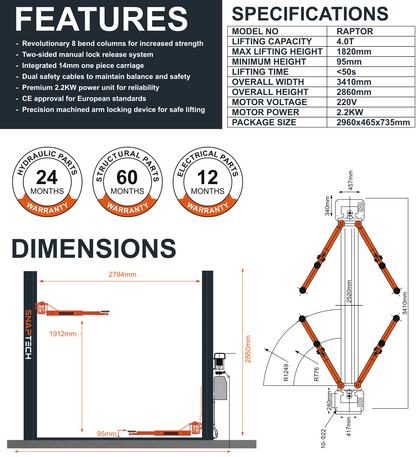 Snaptech Raptor 4.0T Two Post Lift ( With Base)